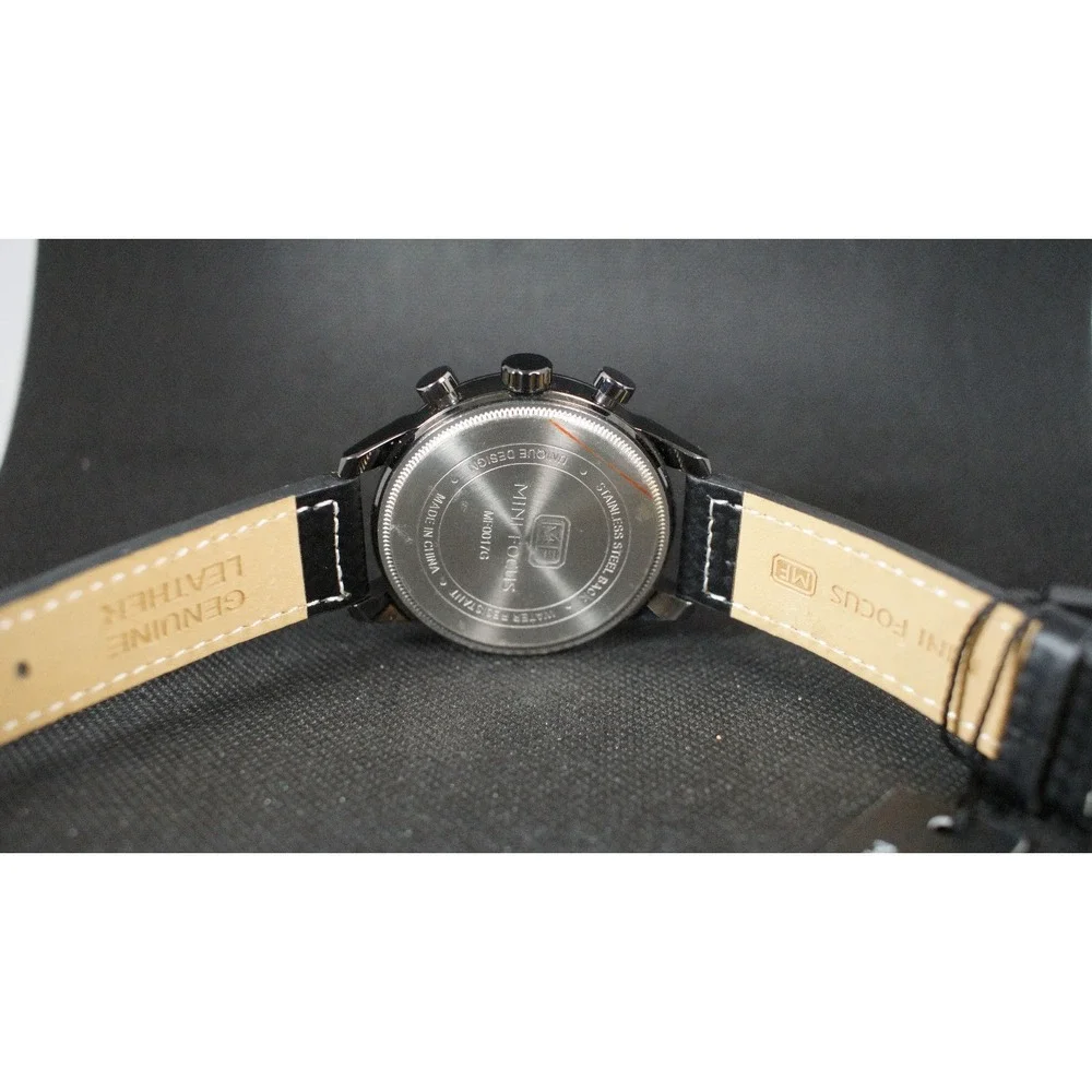 Mini Focus MF0017G Chronograph Quartz Watch 46mm Sport Black Leather Mens